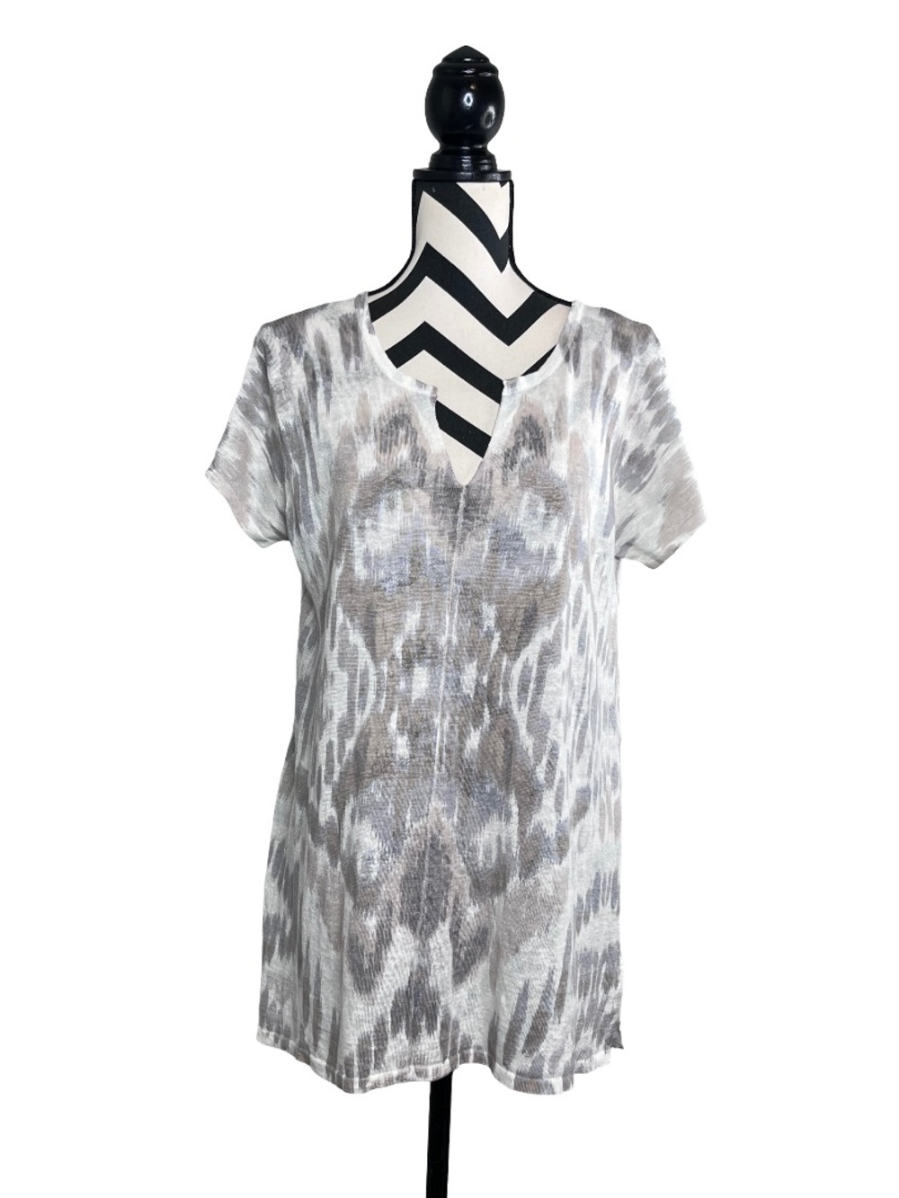Kinross Sz L 100% Linen V-Neck Artsy Short-Sleeve Coastal Blouse